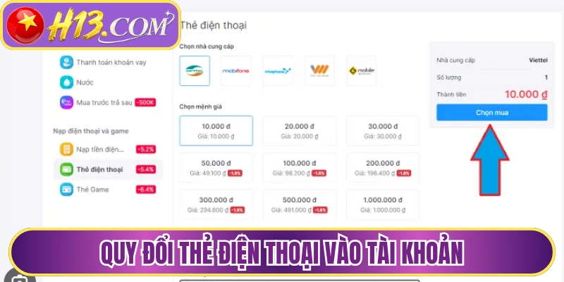 Quy đổi thẻ điện thoại vào tài khoản 